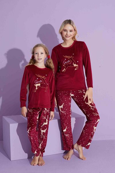 Mutlu City Nou Sezon Trend Model Velvet Set Pijamale Mamă/Fiică 2776-Roșu Claret