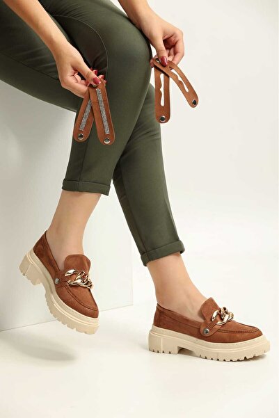 Loafers Loafer Kadın Süet Kahverengi Tokası Değiştirilebilen Günlük Ayakkabı