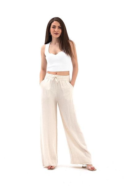 VAPUR TEKSTİL Elastic Waist Pocketed Muslin Linen Trousers - Stone