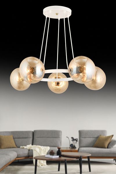 SONSUZ AYDINLATMA&AVİZE Infinite White 5-Piece Ring Honey Globe Glass Modern Chandelier