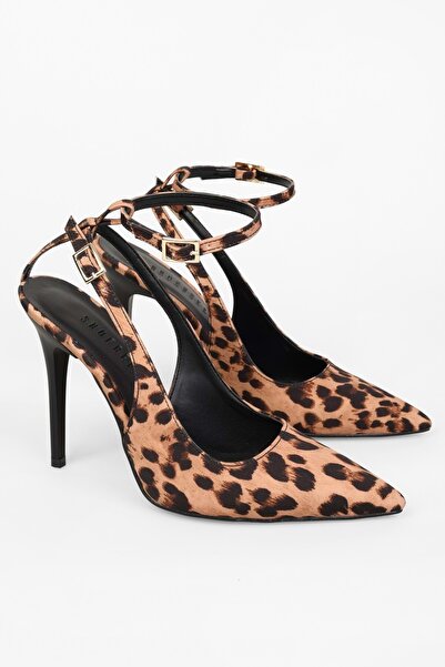 Shoeberry Women's Mila Leopard Satin Belted Ankle Stiletto