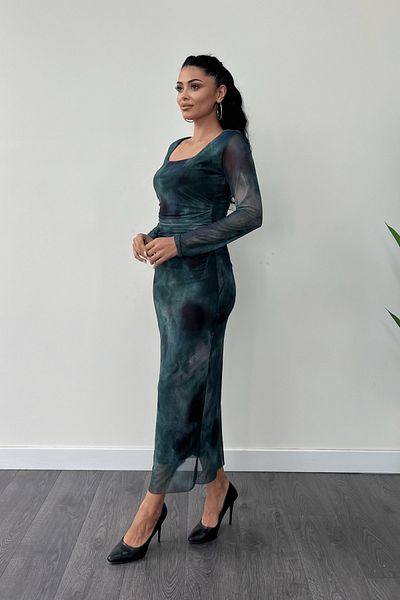 giyimmasalı Green Pencil Dress - Tulle Fabric and Gather Detailed