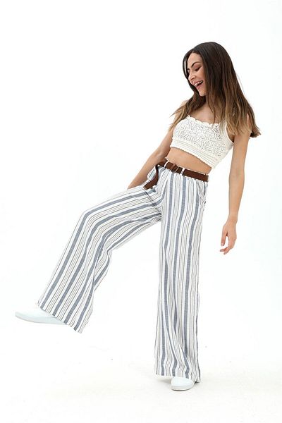 VAPUR Navy Blue Striped Straw Belt Trousers