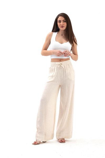 VAPUR TEKSTİL Elastic Waist Pocketed Muslin Linen Trousers - Stone