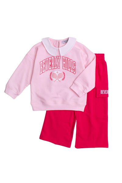 Chicsy Baby Stylish Collar Detailed Text Printed Oversize Top and Bottom Baby Kids Tracksuit Set