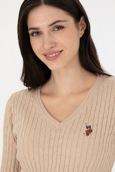 U.S. Polo Assn. Pulover de bază cu decolteu în V Melange de nisip pentru femei 50288992 -vr123