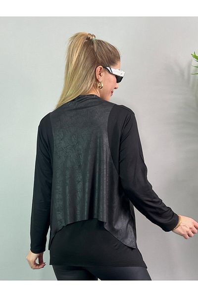 TUA MODA Tua Fashion Women's Long Sleeve Asymmetric Cut Viscose Blouse and Cracked Leather Look Zipper Detailed Vest I