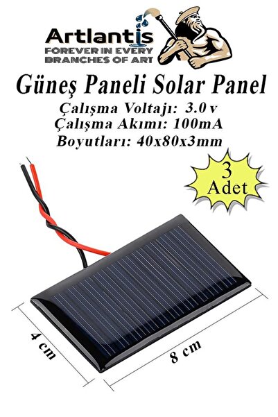 Artlantis Güneş Paneli Solar Panel 8x4 cm 3 volt 100 mA 3 Adet Güneş Enerjisi...