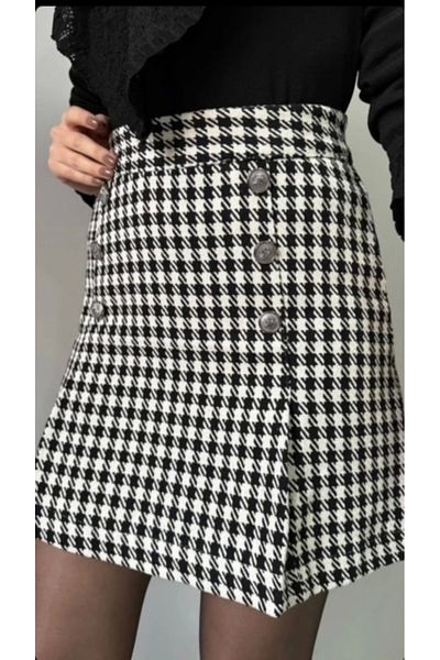 ayakuydur Black Plaid Patterned Stitched Women's Skirt