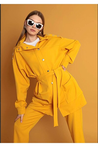 navien Kadın Fermuarlı Cepli Trençkot  Apolet Detaylı Atlas Kumaş