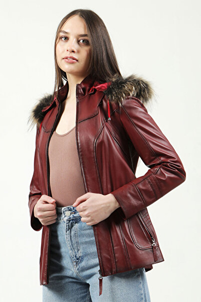 Dericlub Mistral Women's Genuine Leather Jacket with Hooded Fur Jacket Ök.Burgundy