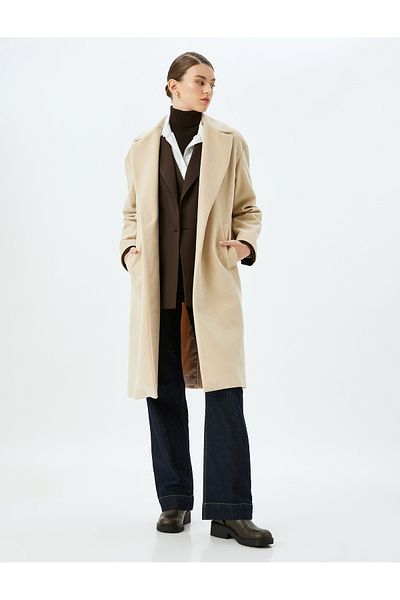 Koton Buttoned Double Breasted Long Stamp Coat