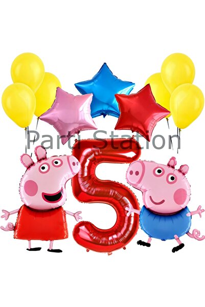 Parti Station Peppa Pig 5 Years Old Concept - Pink Pig George Theme Star Balloon Set