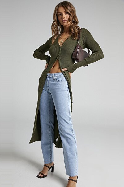 Madmext Khaki Buttoned V-Neck Long Knitwear Dress Mg1703