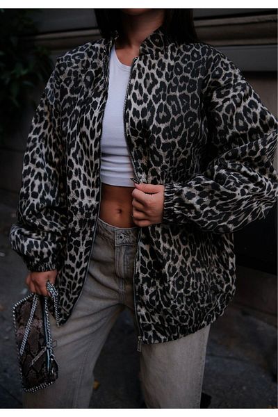 FMN Moda Women's Leopard Pattern Lining Pinterest Oversize Loose-Fitting Equivalent Pocket Bomber Coat Jacket