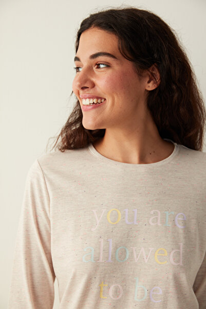 Penti Bej Be Happy Sloganlı Tişört Pijama Üstü