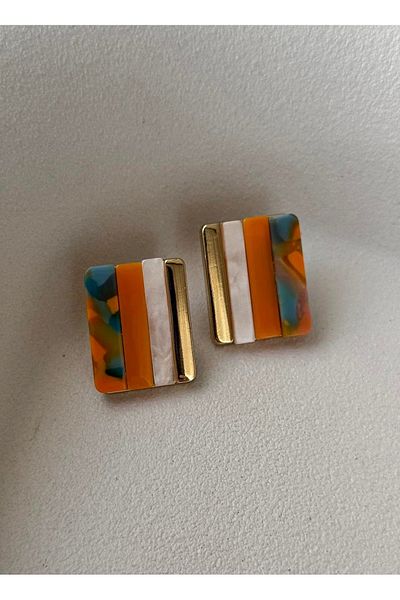 mos&more Pearlescent Orange Square Form Women's Earrings