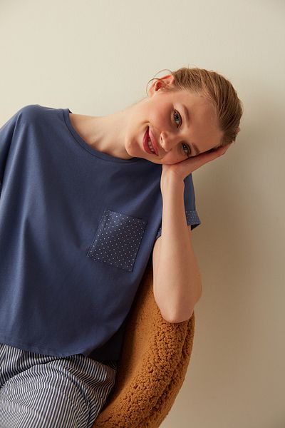 Penti Navy Blue Polka Dot Detailed Pocket T-Shirt Pajama Top