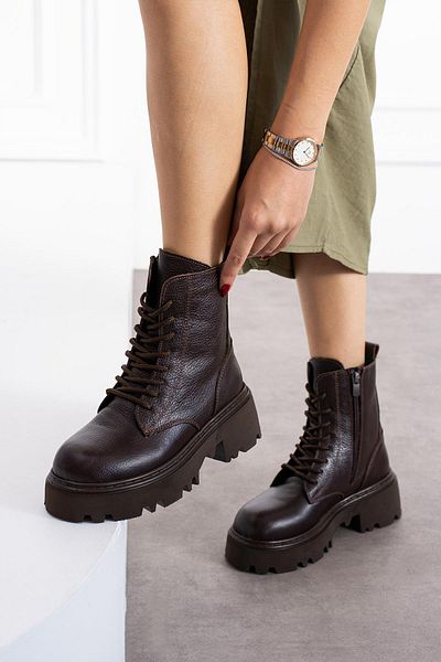 ShoeTek Helgı Γυναικείες Μπότες - Μπότες με κορδόνια, Γνήσιο Δέρμα, Καφέ