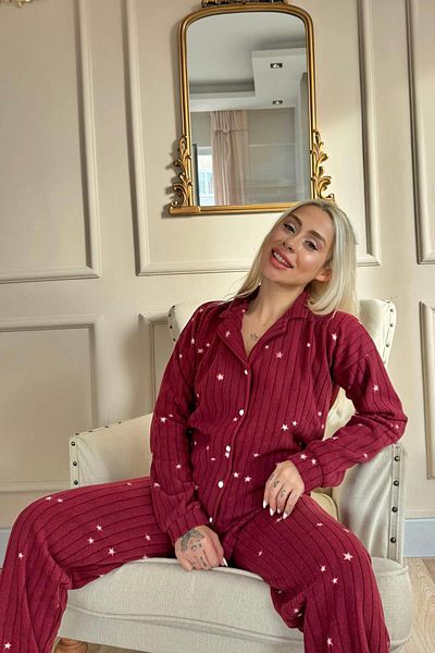 Pijamaevi Claret Red Eclipse Patterned Front Buttoned Plush Fleece Pajama Set