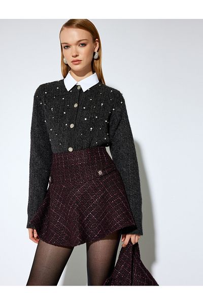 Koton X Melis Ağazat - Fusta mini din tweed cu nasturi de piatră