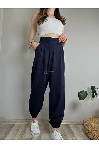 Hazel Women's Navy Blue Velcro Leg Elastic High Waist Balloon Pants