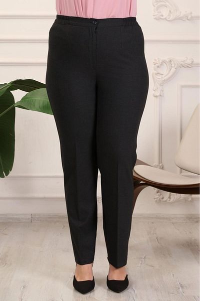 polle Gabardine fabric black large size side elastic trousers