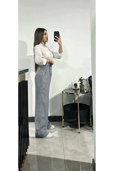Hazel Pantaloni Palazzo cu talie înaltă, cu nasturi, gri din in