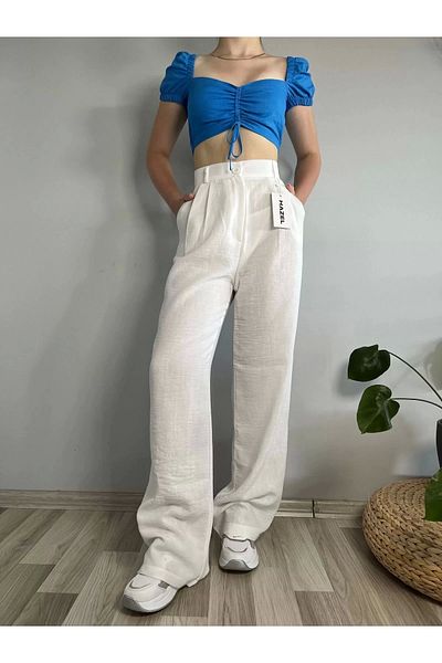 Hazel Women's White High Waist Linen Palazzo Pants