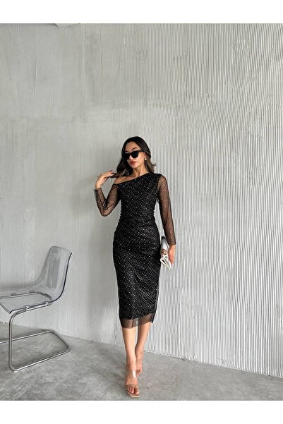 Masspera Omzu Açık Puantiye Varaklı Tasarım Drapeli Midi Boy Abiye Düğün Nişan Mezuniyet Gece Elbisesi