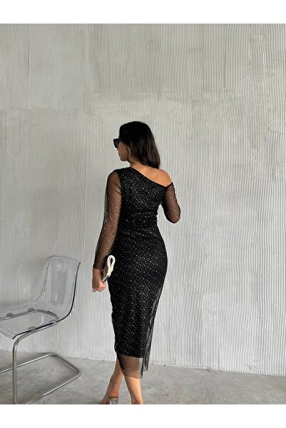 Masspera Omzu Açık Puantiye Varaklı Tasarım Drapeli Midi Boy Abiye Düğün Nişan Mezuniyet Gece Elbisesi