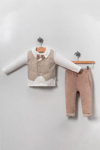 TRENDİMİZBİR Beige Clasman Vest Velvet Set for Baby Boy