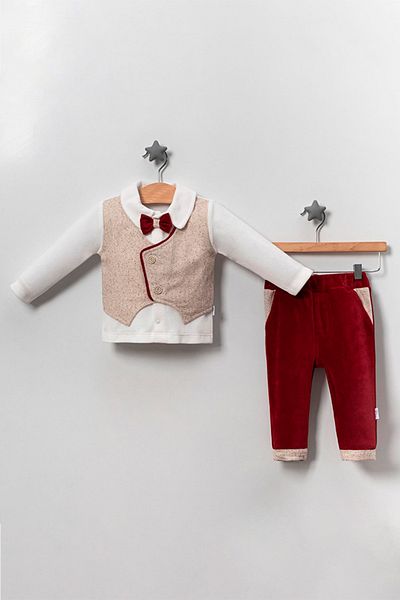 TRENDİMİZBİR Baby Boy Clasman Vest Velvet Double Suit Claret Red