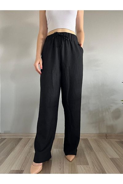 polle Women's Black Linen Blended Loose Cut Trousers