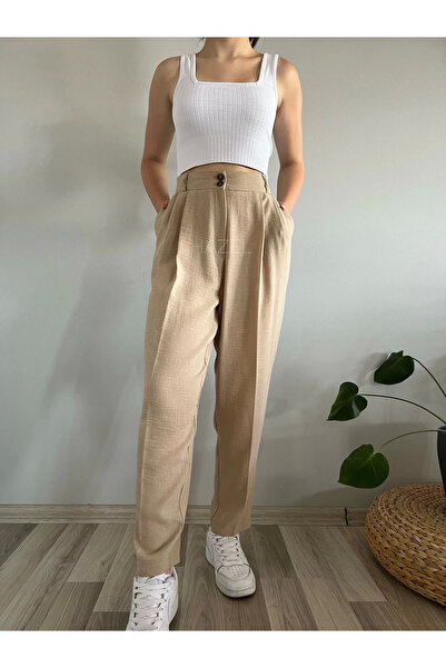 polle Ženske pantalone od nerca Visok struk Lan balon