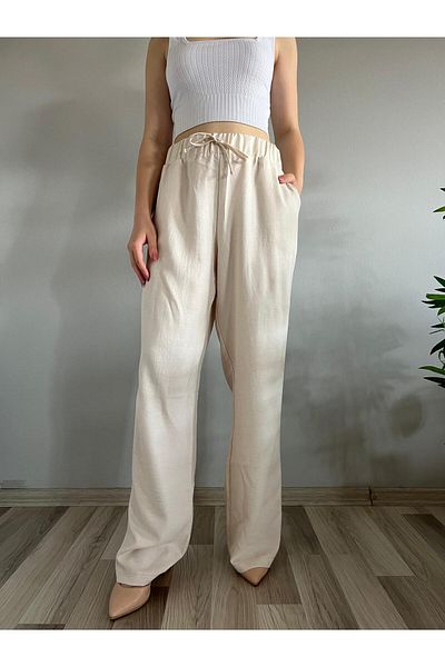 polle Women's Stone Linen Blended Loose Fitting Trousers