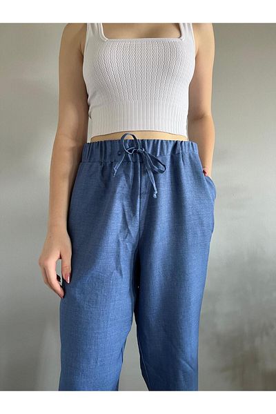 polle Women's Blue Linen Blended Loose Cut Trousers