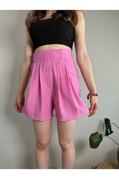 Hazel Women's Pink High Waist Velcro Linen Shorts