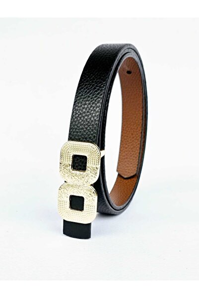 Kemerix Women's Black-Tan Reversible Thin Belt with Gold Buckle
