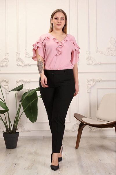 polle Women's Black Plus Size Belted Fabric Trousers