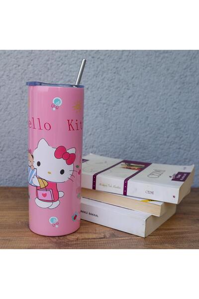 Piraye Gift Hello Kitty Kapaklı -Pipetli Paslanmaz Çelik Kupa