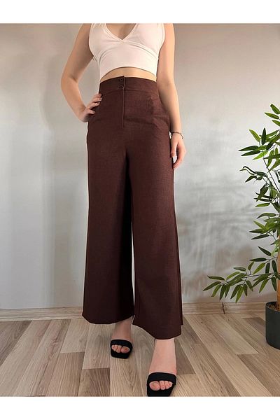 Hazel Brown Linen - Split High Waist Palazzo Women's Trousers