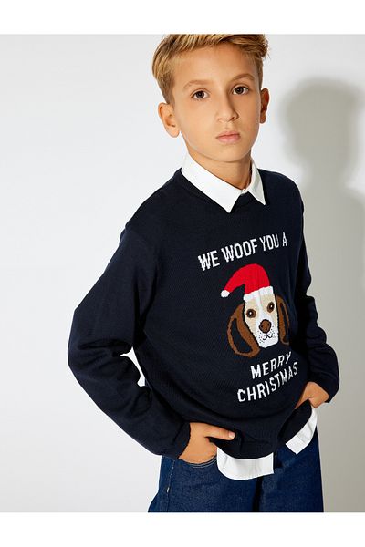 Koton New Year's Stand Collar and Half Zipper Dog Printed Sweater