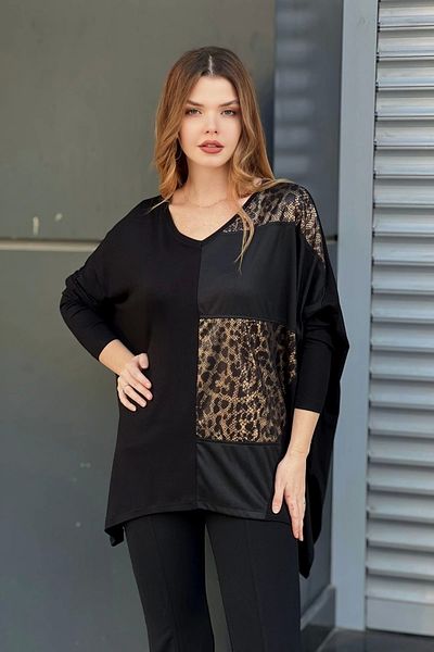 aytemas Leopard Patterned Faux Leather Detailed Blouse