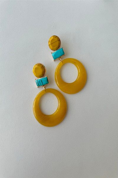 mos&more Yellow Blue Round Large Women's Earrings, Evening Dress, Casual
