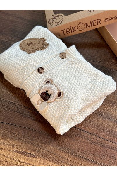 Bursa Trikomer Knitwear Knitted Teddy Bear Pattern Embroidered Newborn Anti-Sweat Soft Comfortable Baby Jumpsuit