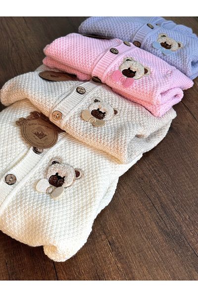 Bursa Trikomer Knitwear Knitted Teddy Bear Pattern Embroidered Hooded Newborn Anti-Sweat Soft Comfortable Baby Jumpsuit