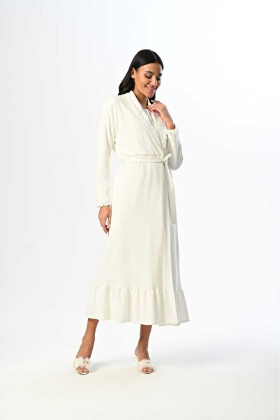 CT MODA طقم ثوب نوم نسائي بتصميم دانتيل إكرو بطول كامل للشتاء 100% قطن للحوامل