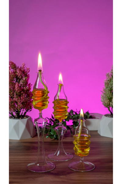 püür glass Dekoratif El Yapımı Boğumlu Kandil 3'Lü Set (kandil yağı hediye)