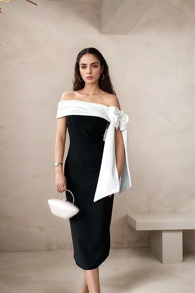 cheliva Brıanna Black-White Double Color Midi Dress